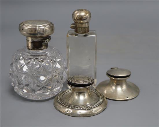 A George V silver mounted cut glass scent bottle, London, 1913, 11.2cm and 3 other items.